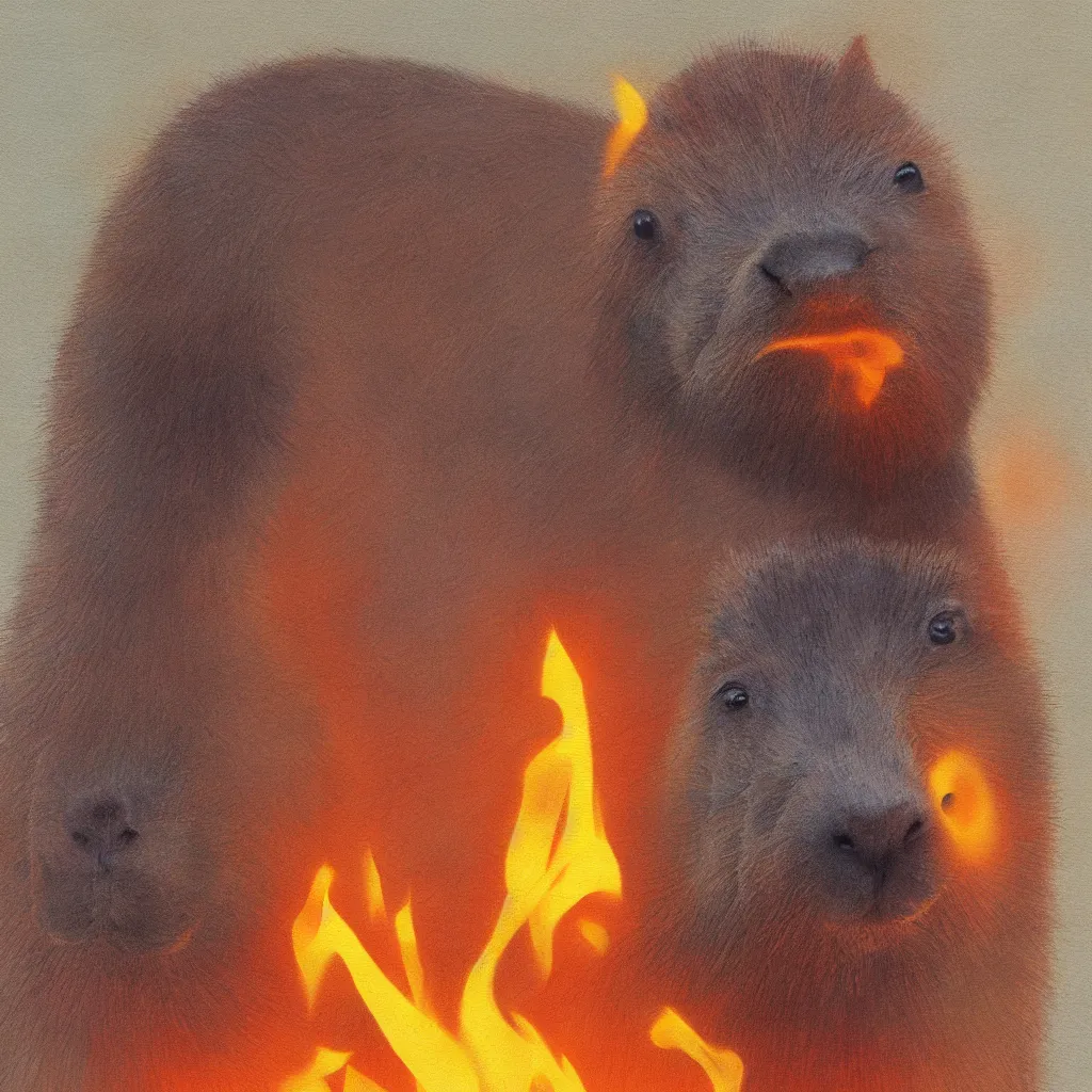 Prompt: one capybara on fire, digital oil painting