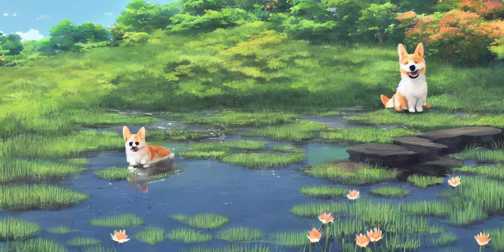 Prompt: A corgi in the pond, there is blue sky, there is water splash, there are kittens by the pond, the atmosphere is cheerful, the colors are bright, high picture quality, by Makoto Shinkai