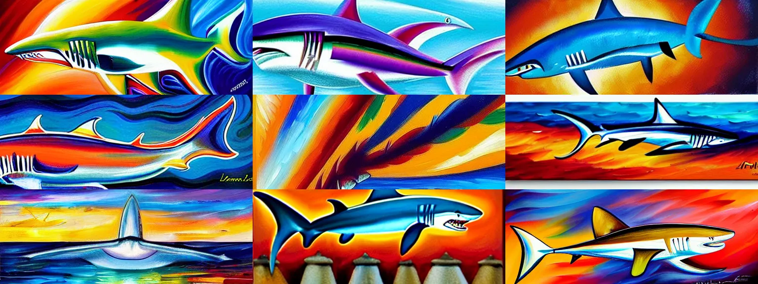 Prompt: beautiful colorful abstract painting of a shark, painted by leonid afremov