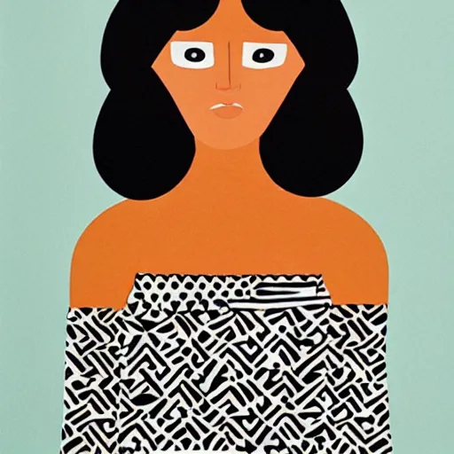 Image similar to a beautiful print. she has deeply tanned skin that makes me think of oort, an almond asian face and a compact, powerful body. by camille walala offhand, uneven