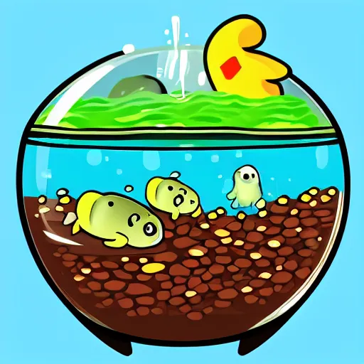 Image similar to tadpoles in a fishbowl full of water, illustrated cartoon, game UI icon