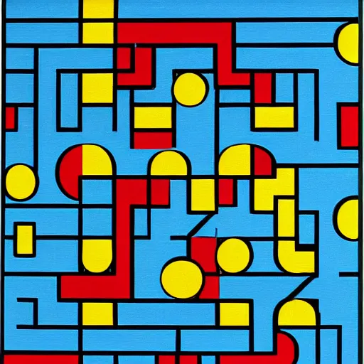 Image similar to pac - man - maze!!!!!!! painting by mondrian