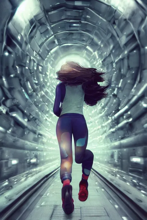 Image similar to cute girl running in hadron collider tunnel, by greg rutkowski and raymond swanland, sharp focus, trending on artstation, cinematic lighting