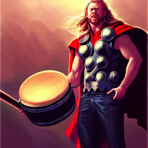 Image similar to thor playing the bongos, comic style by guweiz and stanley artgerm, extremely high quality artwork, very detailed, trending on artstation