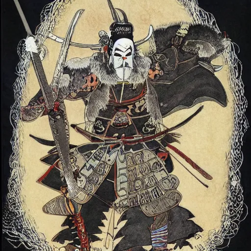 Prompt: highly detailed samurai warrior with oni demon mask armour by Moebius, Sergio Toppi, John Bauer, Kay Nielsen, Yoshitaka Amano