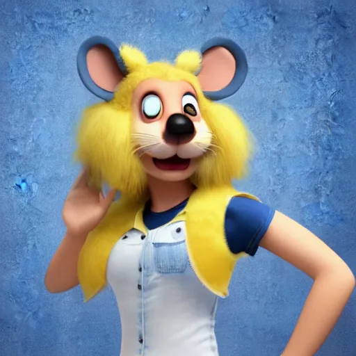 Prompt: 3 d render, portrait, upper body shot, mid shot, anthropomorphic mouse, female, blond furr, blue eyes, wearing denim short shorts and a off yellow tank top shirt, solo, in the style of sing