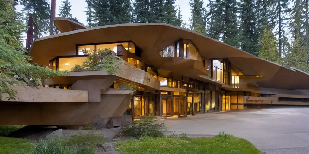 Image similar to large futuristic residence, pacific northwest, cedar and white concrete, many large windows, triangular elements designed by frank lloyd wright