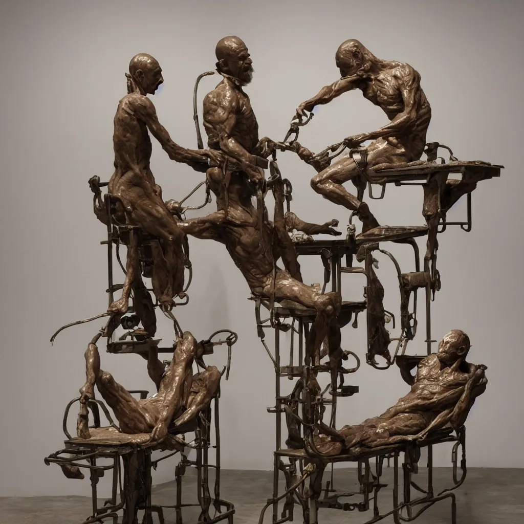 Image similar to hyperrealistic sculpture of a fossilized bronze chinese prisoner on an operating table in a cage on a pedestal, surrounded by surgeons, by ron mueck and duane hanson and lee bontecou and giacometti, hyperrealistic dramatic colored lighting trending on artstation 8 k