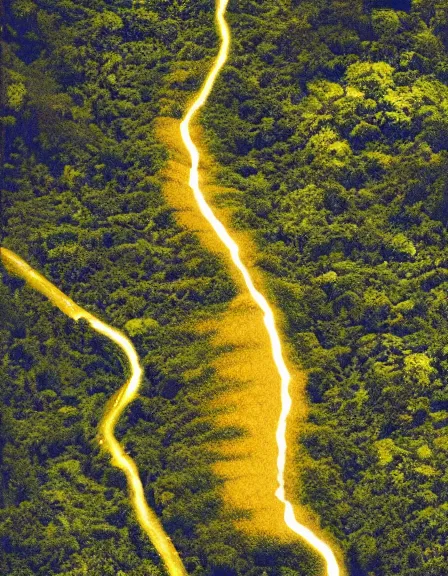 Image similar to vintage color photo of aerial view of a giant 1 1 0 million years old abstract sculpture made of light beams and liquid gold covered by the jungle vines