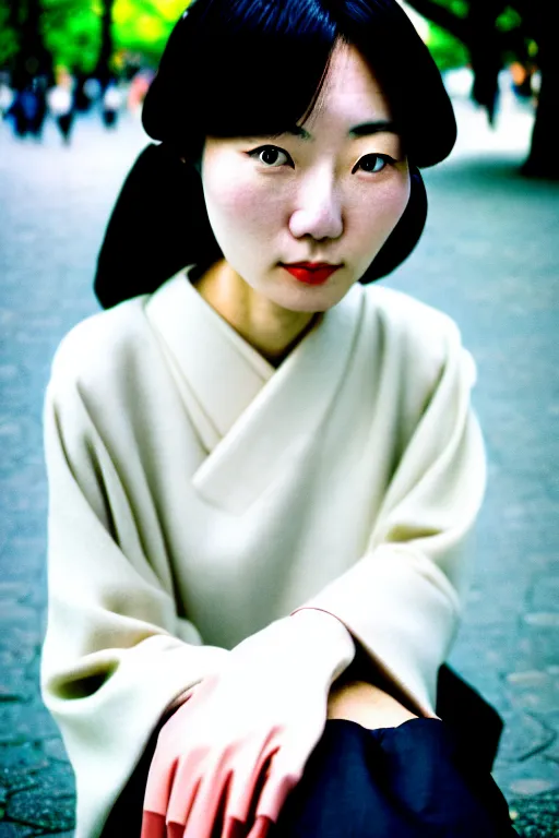 Image similar to photography street portrait of a beautiful japanese woman sitting in ueno park, shot on cinestill 5 0 d with a 3 5 mm lens aperture f / 5. 6, dynamic composition, close up, full frame, full res