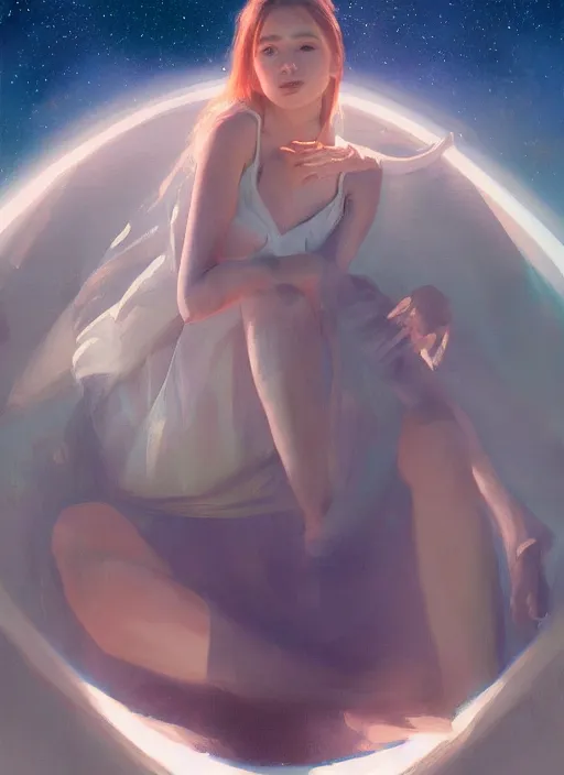 Prompt: beautiful girl sitting on a spaceship window wearing a dress, highly detailed miniskirt, beautiful face model girl, by jeremy lipking, by artgerm, digital art, octane render