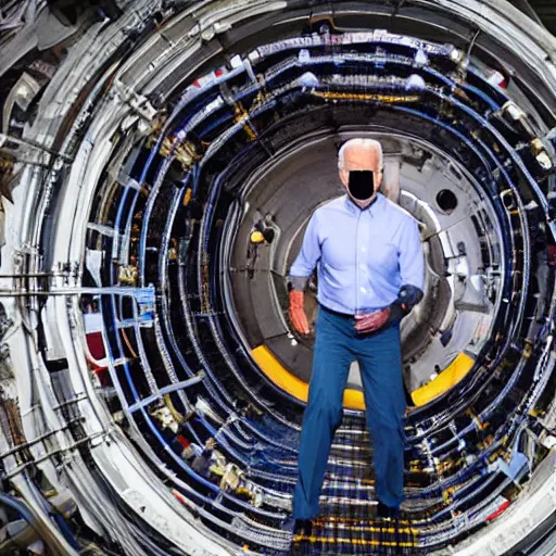 Prompt: Joe BIDEN crawling out of The Large Hadron Collider at cern with a bunch of demons behind him 4k ultra high quality surrealism