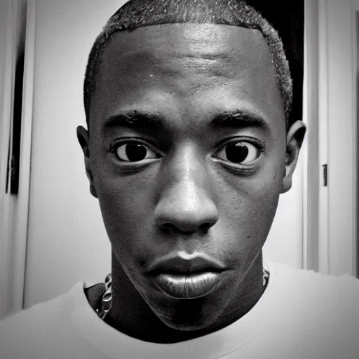 Prompt: tyler the creator staring at me through my doorbell camera, b&w, night, fish eye lens, creepy