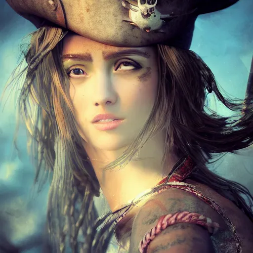 Image similar to full body pose, hyperrealistic photograph of a beautiful pirate woman, dim volumetric lighting, 8 k, octane beautifully detailed render, extremely hyper detailed, intricate, epic composition, cinematic lighting, masterpiece, trending on artstation, very very detailed, stunning, hdr, smooth, sharp focus, high resolution, award, winning photo, dslr, 5 0 mm