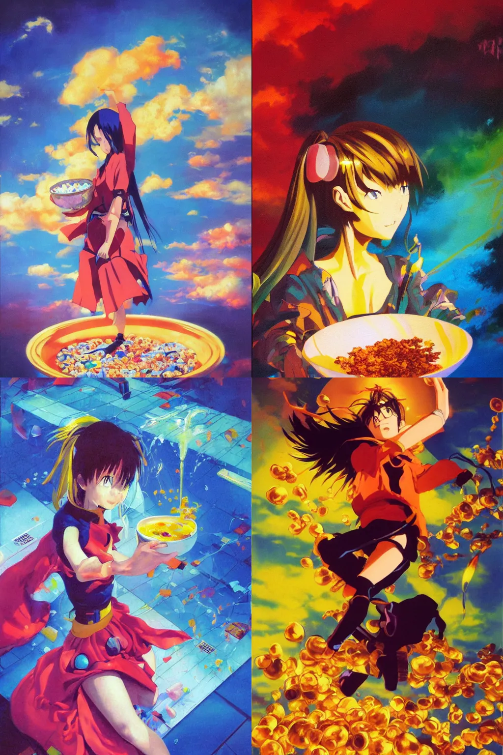 Prompt: oil painting, yoji shinakawa, studio gainax, y2k design, anime girl floating in cereal, dramatic lighting, vivid colors, vivid imagery