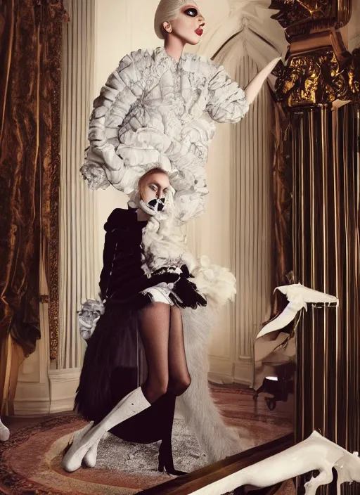 Image similar to lady gaga styled by Tim Walker posing in an expensive mansion setting , vogue magazine, Highly realistic. High resolution. Highly detailed. Dramatic. 8k.4k.