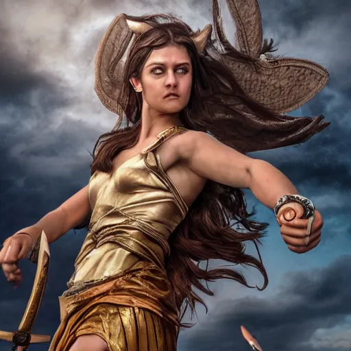 Image similar to Greek goddess Athena fighting with stupidity, stupidity is represented by horde of internet influencers, realistic person, spear in the right hand, long hair, detailed body and face, natural look, realistic photography, hyper realistic, highly detailed, 4k, battle landscape, high quality image, couraging and atmospheric composition