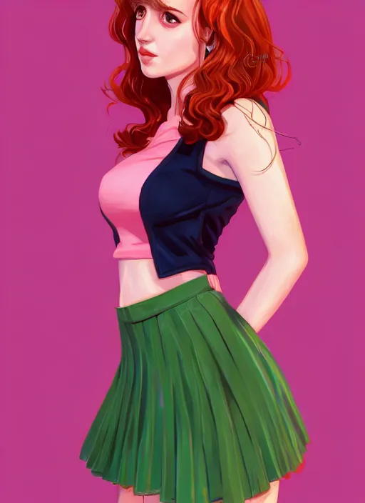 Image similar to full body portrait of teenage cheryl blossom, bangs, green eyes, sultry expression, red hair, sultry smirk, bangs and wavy hair, pink skirt, bangs, intricate, elegant, glowing lights, highly detailed, digital painting, artstation, concept art, smooth, sharp focus, illustration, art by wlop, mars ravelo and greg rutkowski