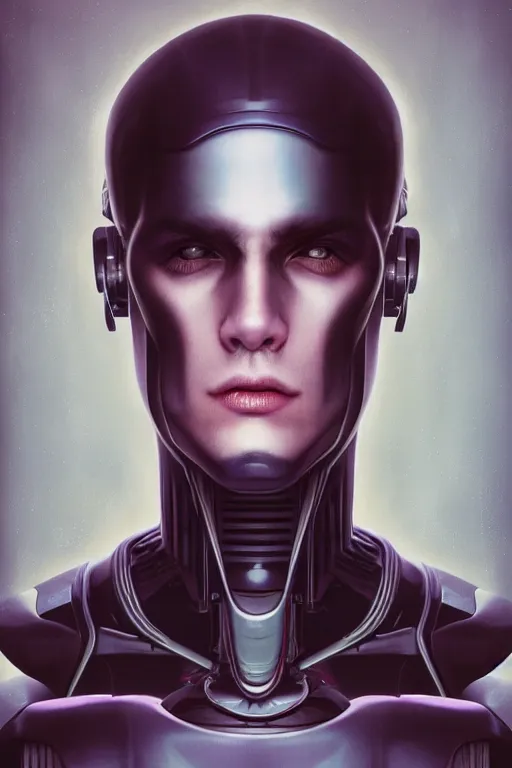 Image similar to portrait of a half man half robot, straight on portrait, by artgerm, tom bagshaw, gerald brom, vaporwave colors, lo - fi colors, vaporwave, lo - fi, moody vibe, goth vibe, 4 k, hd,