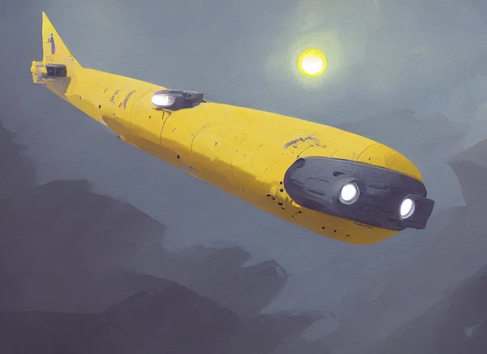 Prompt: a painting of a futuristic yellow submarine plane flying through the sky, concept art by Ian McQue, cgsociety, retrofuturism, artstation hq, concept art, sci-fi