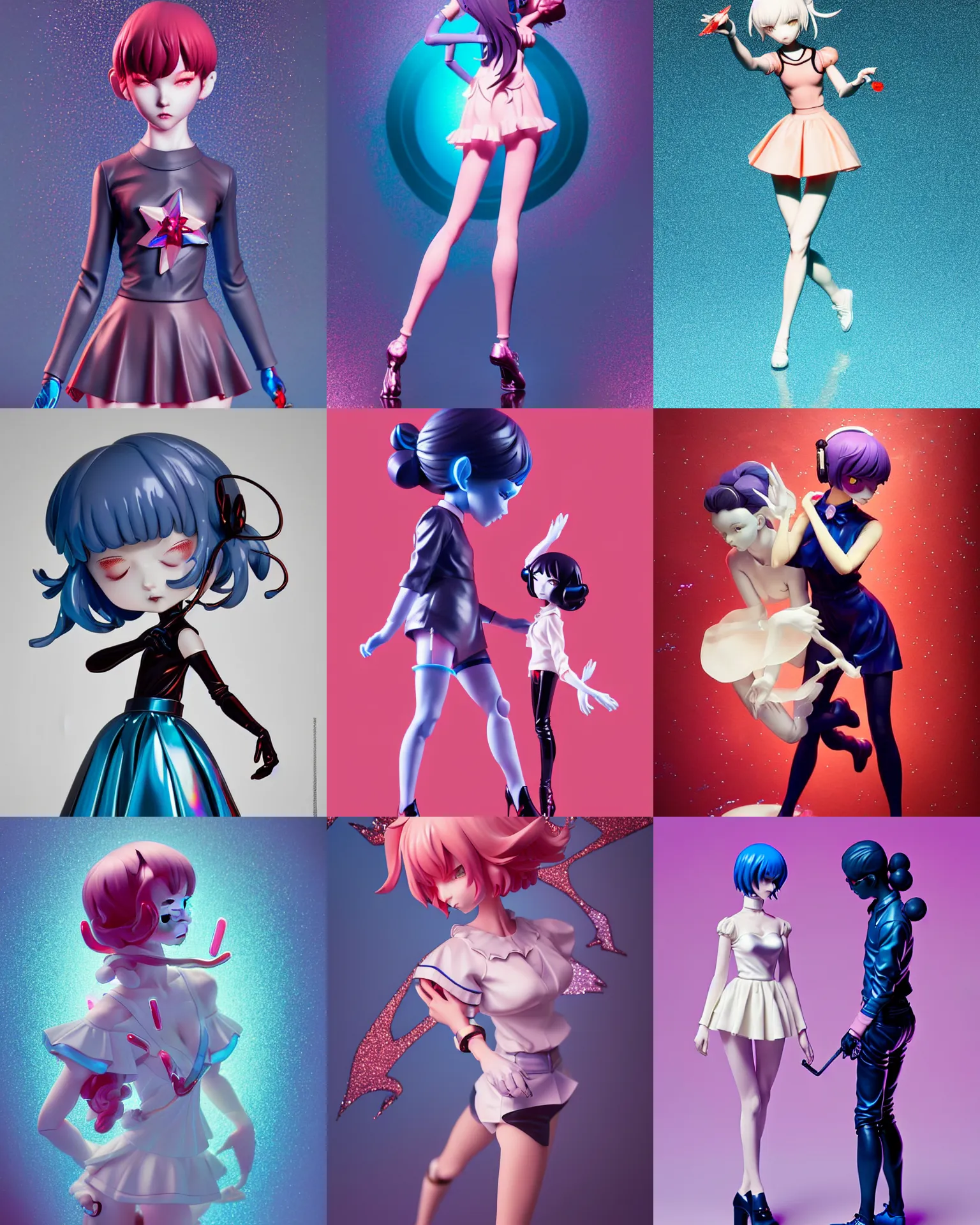 Prompt: james jean and ilya kuvshinov isolated vinyl figure magical girl, expert figure photography, dynamic pose, interesting color palette material effects, glitter accents on figure, anime stylized, accurate proportions artgerm realism, high delicate defined details, holographic undertones, ethereal lighting, editorial awarded