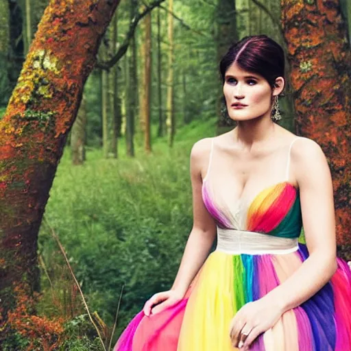 Image similar to picture of gemma arterton wearing a long rainbow wedding gown, sitting in a colorful forest