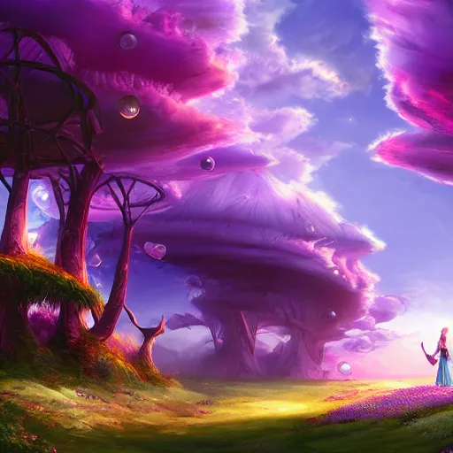 Image similar to landscape of an alice and wonderland themed landscape, purple clouds look the sky, dynamic lighting, fantasy concept art, trending on art station, stunning visuals, creative, cinematic, ultra detailed