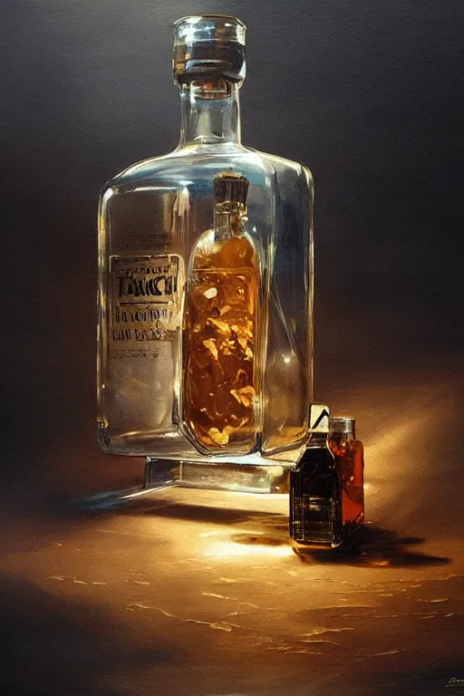 Image similar to imagine a ship in a bottle but instead of a ship jack black is in the bottle, jack black, fancy whiskey bottle, masterpiece painting by greg rutkowski