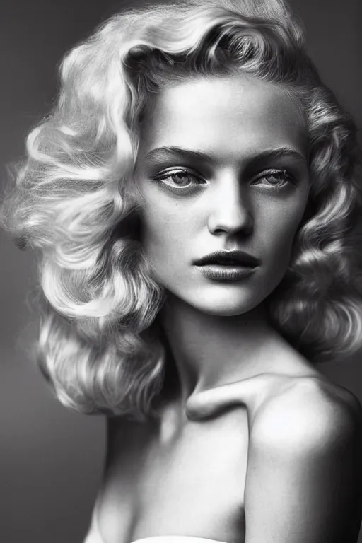 Prompt: stunning award - winning portrait by peter lindbergh of a beautiful young feminine blonde woman with delicate features. vintage hollywood glamour. long shiny wavy glam hair. long curly hair. glam makeup. vogue. fashion photography. sharp focus. canon 5 0 mm.