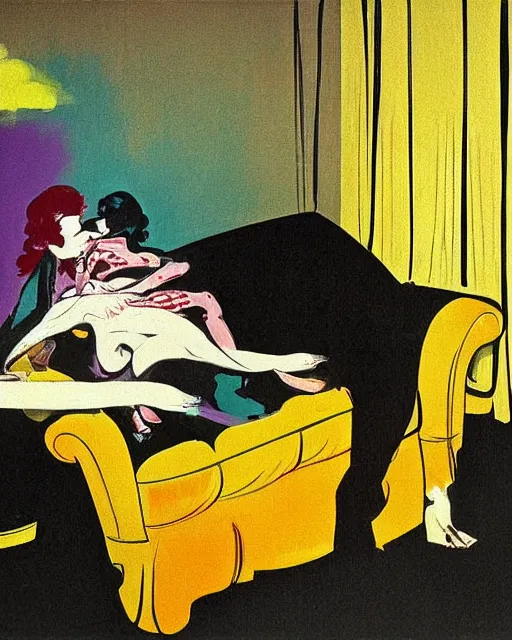Prompt: old dead couple sitting on a couch and a dark figure crying in the corner with clouds at red and yellow art deco interior room in the style of Francis Bacon and Syd Mead, open ceiling, highly detailed, painted by Francis Bacon and Edward Hopper, painted by James Gilleard, surrealism, airbrush, very coherent, triadic color scheme, art by Takato Yamamoto and James Jean