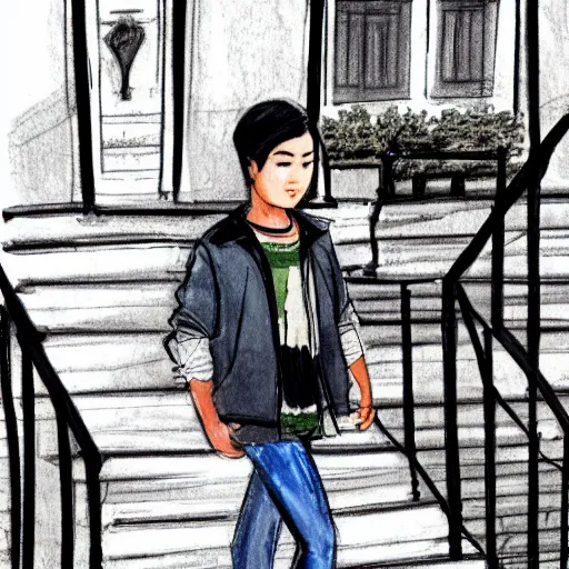 Image similar to fashion sketch of an asian teenager doing a warm up on a brownstone stoop.