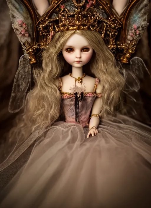 Prompt: highly detailed closeup, simple doll hands, portrait of a gothic fairy princess wearing a crown and sitting on a throne, unreal engine, nicoletta ceccoli, mark ryden, earl norem, lostfish, global illumination, god rays, detailed and intricate environment
