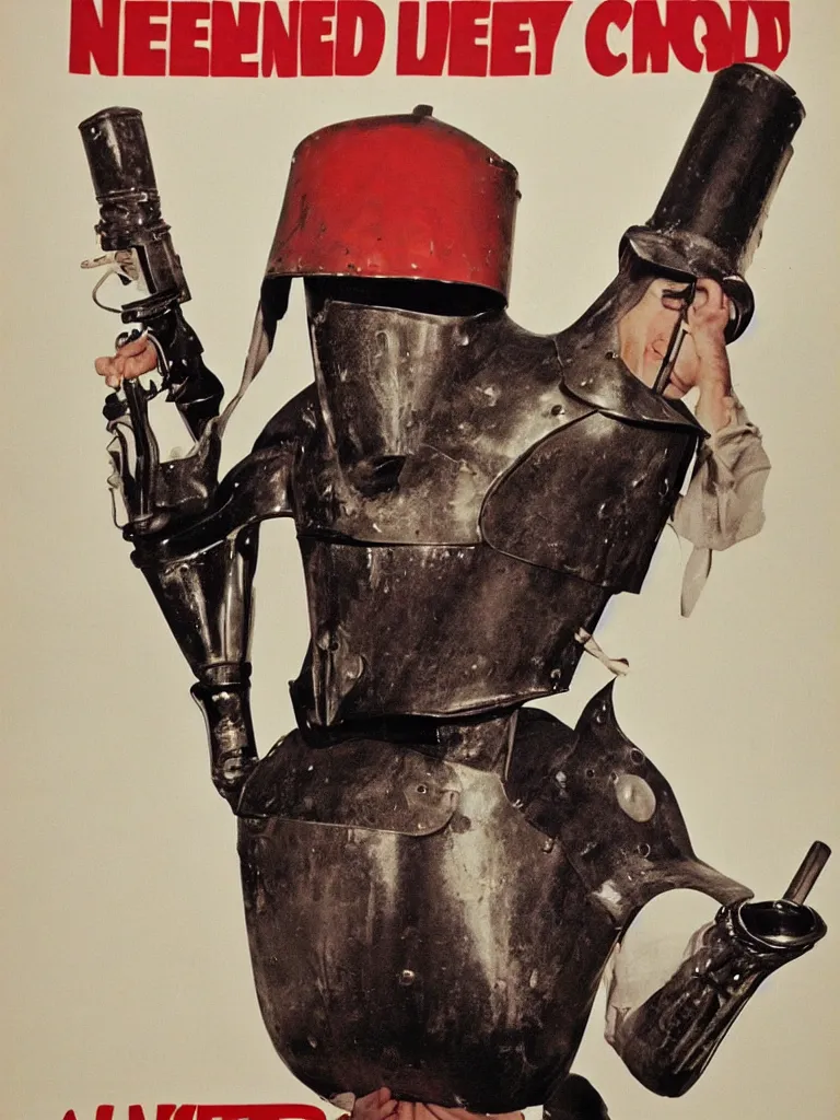 Image similar to a 60s western poster featuring a filmmaker dressed in ned kelly iron chicken armour