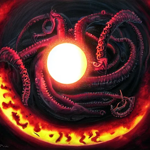 Image similar to lovecraftian biomechanical dark stygian vortex with screaming souls, evil eclipse, black sun by paolo girardi