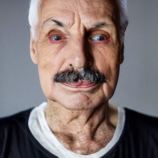 Image similar to old freddie mercury singer at age 7 5 years old, color ( sony a 7 r iv, symmetric balance, polarizing filter, photolab, lightroom, 4 k, dolby vision, photography award ), vogue, perfect face, movie poster