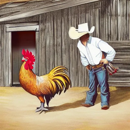 Prompt: a rooster with a cowboy hat on writing up to a general store in the old west with cowboy onlookers staring at the rooster in disbelief - n 4