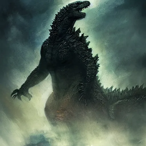 Image similar to front portrait of godzilla 2 0 1 4 by greg rutkowski, movie art