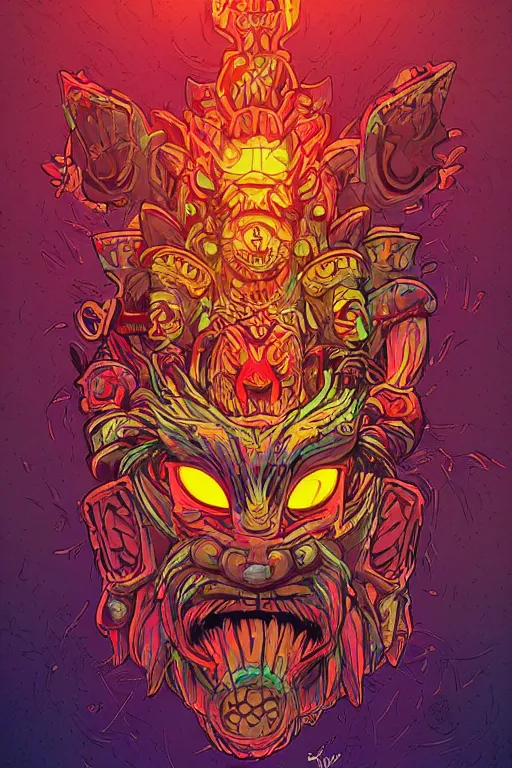 Image similar to totem animal tribal chaman vodoo mask feather gemstone plant wood rock video game illustration vivid color borderlands by josan gonzales and dan mumford radiating a glowing aura