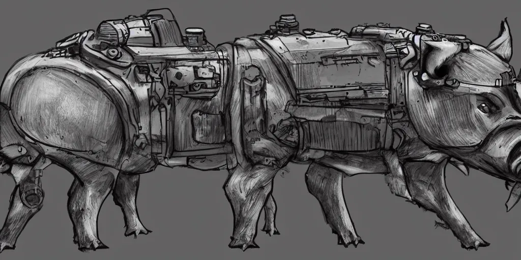 Image similar to concept art of a strong geared metal pig machine