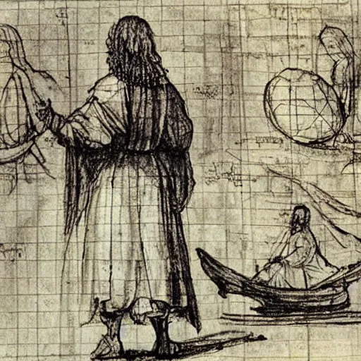 Image similar to sketches of Leonardo DaVinci explaining Stable Diffusion