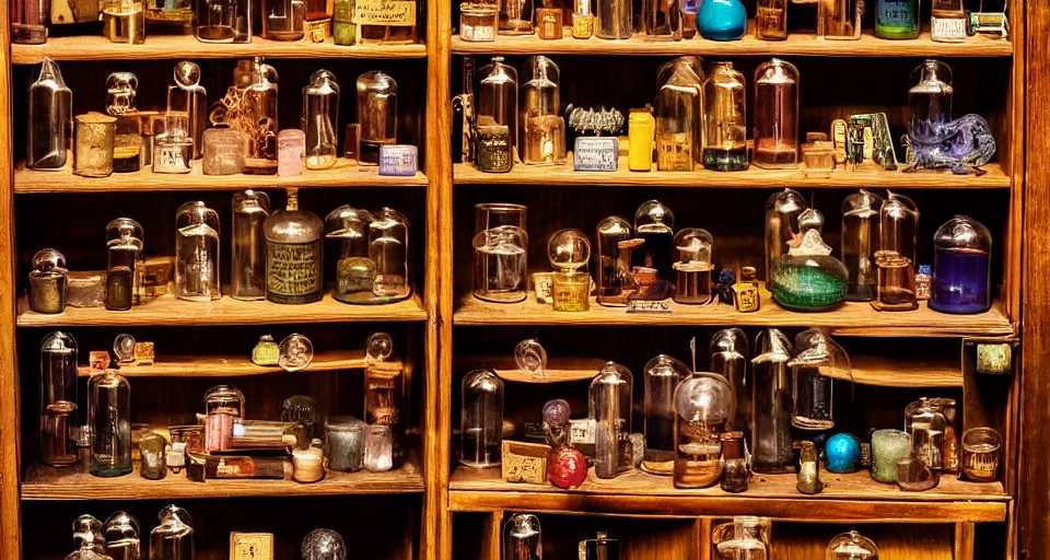 Image similar to a bookshelf of wonderful magical experiments, located in a wizard's shop, full of trinkets and magical potions flasks vials, bubbling liquids, smoking vessels