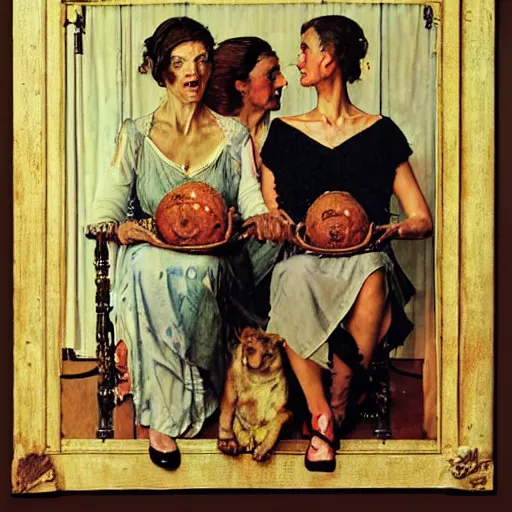 Image similar to The Three Fates weaving the lives of countless souls, artist is Norman Rockwell,