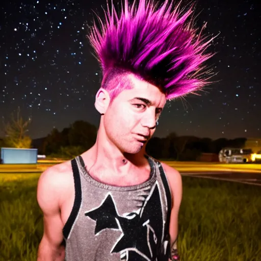 Prompt: Punk Rocker with Pink spiked hair standing under Stars