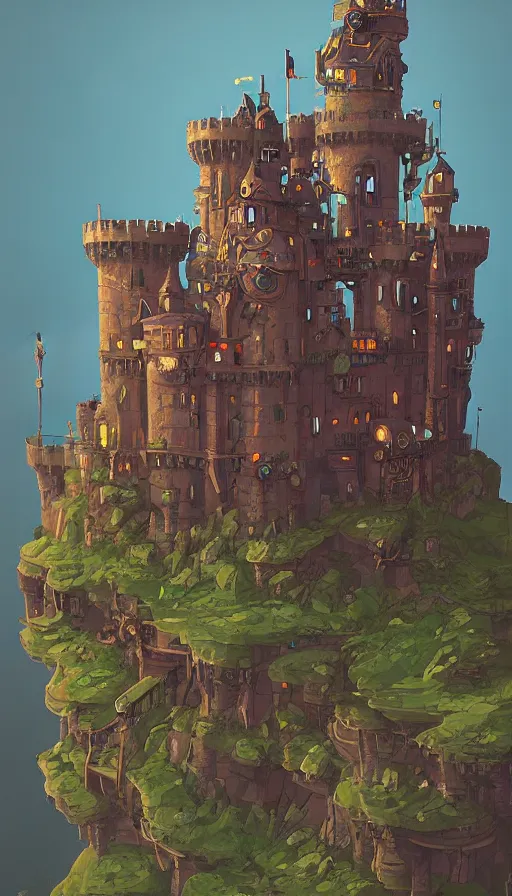 Prompt: steampunk castle on a hill, sharp focus, james gilleard, print, game art