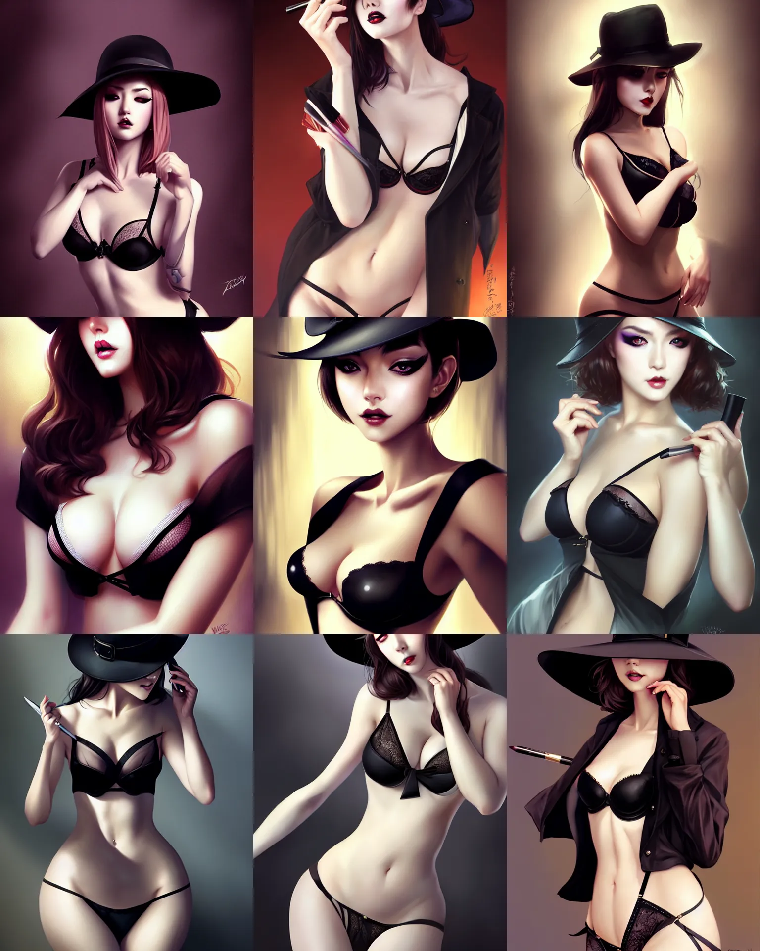 Prompt: lady with eyeliner makeup from genshin impact in fedora hat and black coat, seductive lingerie camisole, intricate, seductive confident pose, realistic, highly detailed, digital painting, art by wlop and artgerm and ross tran and greg rutkowski, fritz willis, charlie bowater