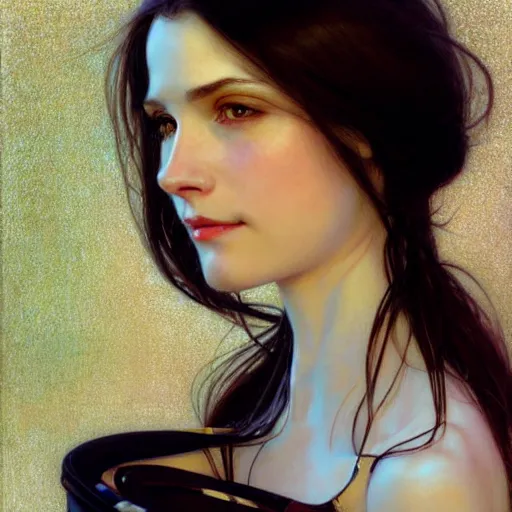 Prompt: portrait of a smiling, beautiful, pale skin female with long black hair, dark brown eyes, elegant clothing, photorealistic, highly detailed, artstation, smooth, sharp focus, neon lighting, sci - fi, art by gustav klimt, artgerm, greg rutkowski and alphonse mucha