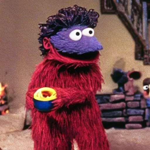 Prompt: “film still of Bert from Sesame Street throwing the one ring into the fires of Mount Doom, directed by Peter Jackson”