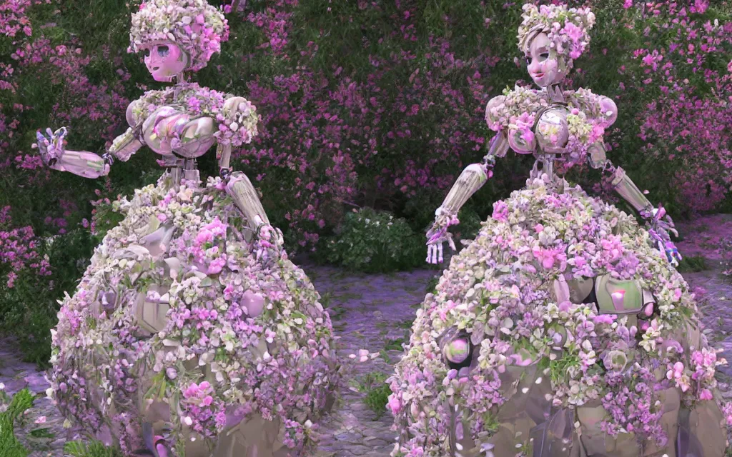 Prompt: a beautiful robot goddess wearing a luxury ball gown adorned with flowers, ultra realistic, 3 d, 8 k, ultra detailed