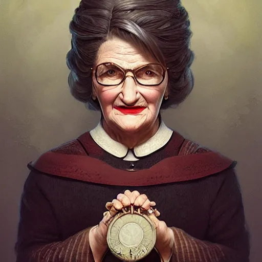 Image similar to mrs doubtfire as a witch, d & d, fantasy, intricate, elegant, highly detailed, digital painting, artstation, concept art, matte, sharp focus, illustration, art by greg rutkowski and alphonse mucha