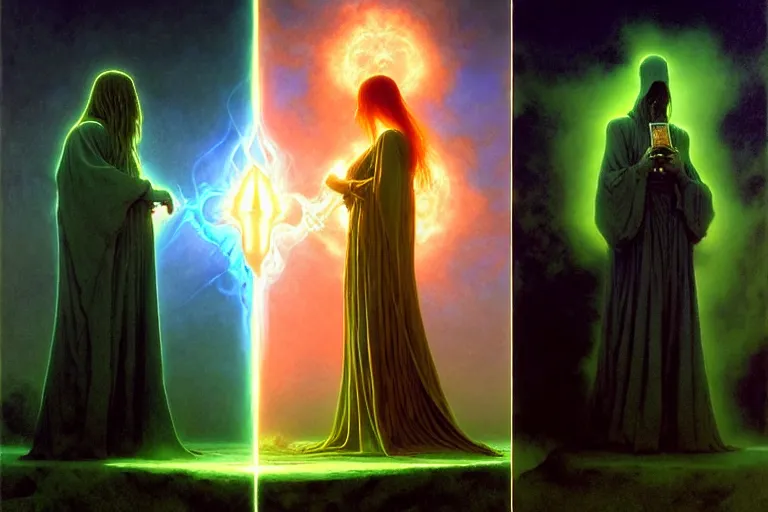 Prompt: the female arcanist and the male artificer by albert bierstadt and gerald brom and zdzisław beksinski and james gilleard and wayne barlowe and marc simonetti and jean delville, beautiful, robes, highly detailed, hyperrealistic, intricate, energy, electricity, blue flame, low light, green crystal, high contrast